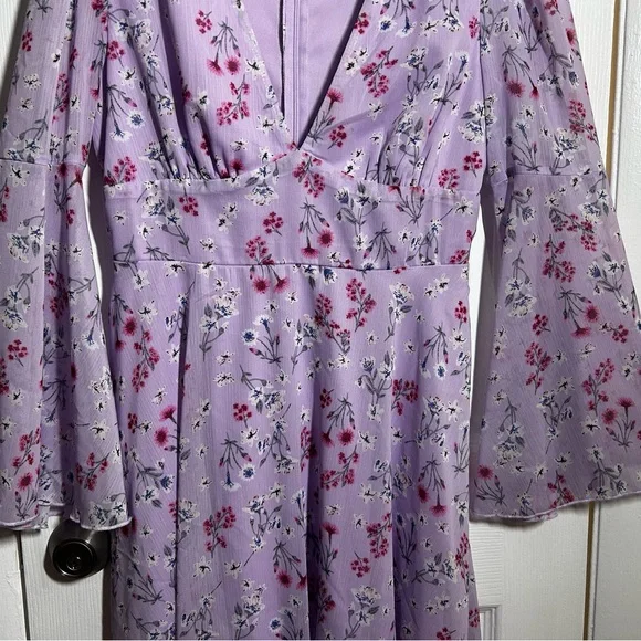 Double Crazy Purple Floral Dress Size Large Boho Bell Sleeve Empire Waist Flowy - Picture 4 of 15